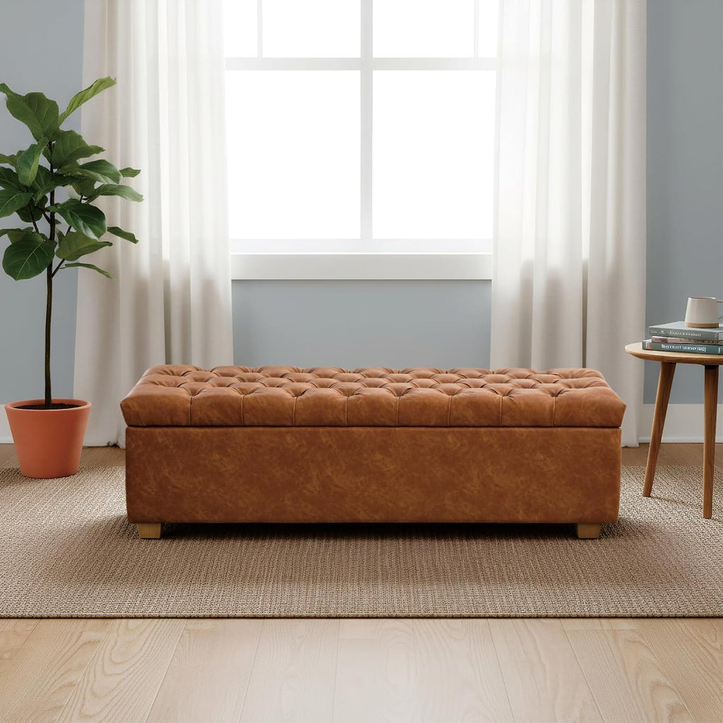 Chifee & Vingol 60" PU Ottoman with Storage Oversized End of Bed Storage Bench Upholstered Benches for Entryway, Living Room, Bedroom-Brown