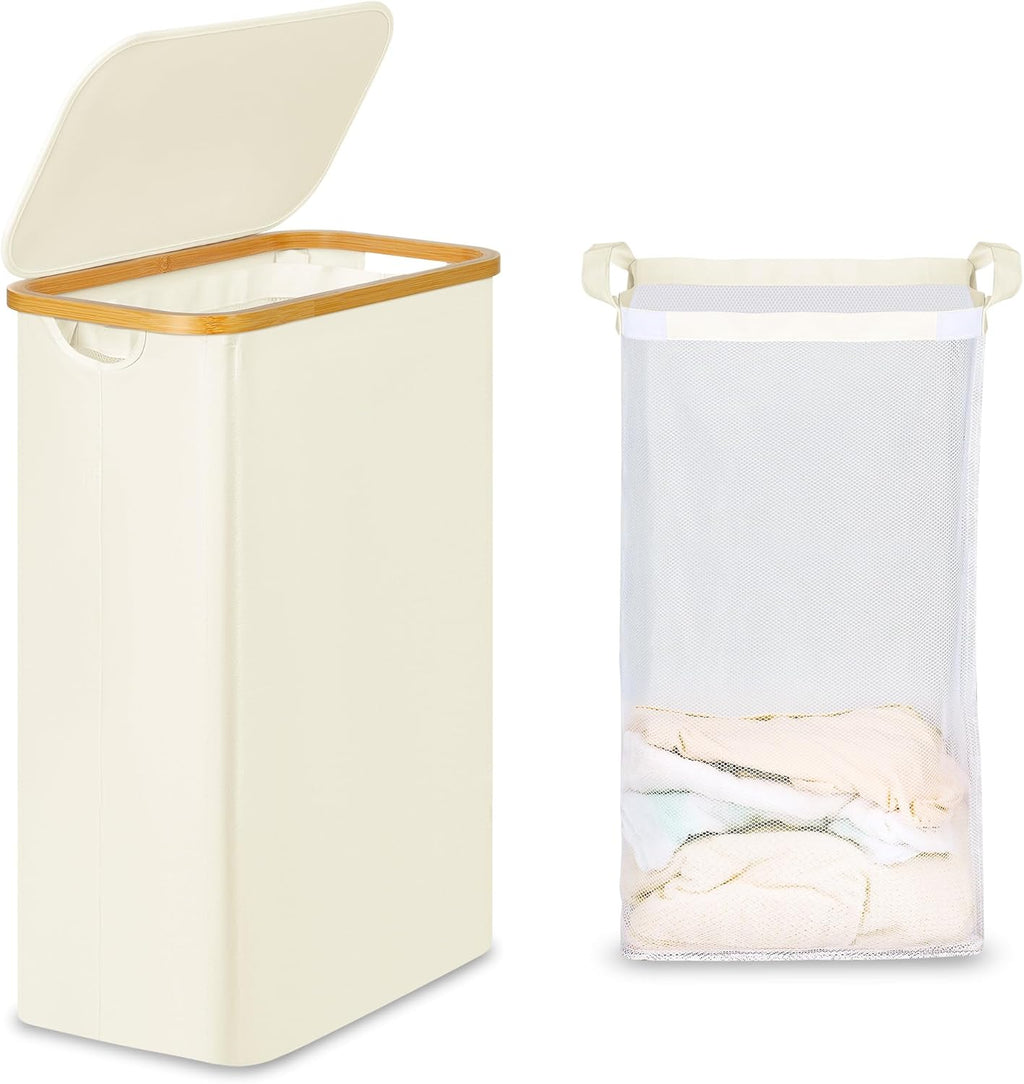 efluky Slim Laundry Basket with Lid, Narrow Laundry Hamper with Removable Bag, Skinny Dirty Clothes Basket with Bamboo Handles for Bathroom, Bedroom & Laundry Room, 65L Beige
