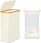 efluky Slim Laundry Basket with Lid, Narrow Laundry Hamper with Removable Bag, Skinny Dirty Clothes Basket with Bamboo Handles for Bathroom, Bedroom & Laundry Room, 65L Beige
