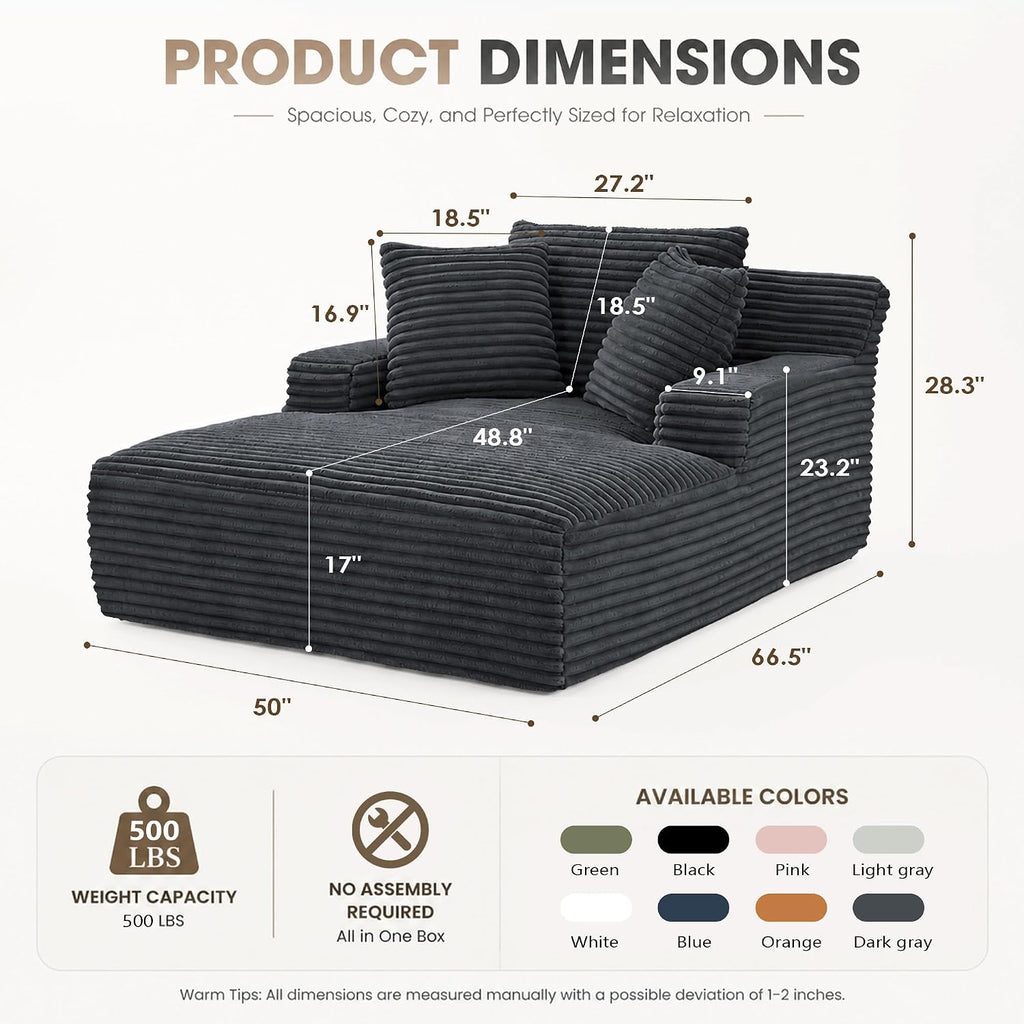 67" Chaise Lounge Chair Indoor, Corduroy Upholstered Reading Chair Oversized Boneless Chair with Deep Seat, Cloud Lounge Chair with 3 Pillows for Living Room, Bedroom, No Assembly Required