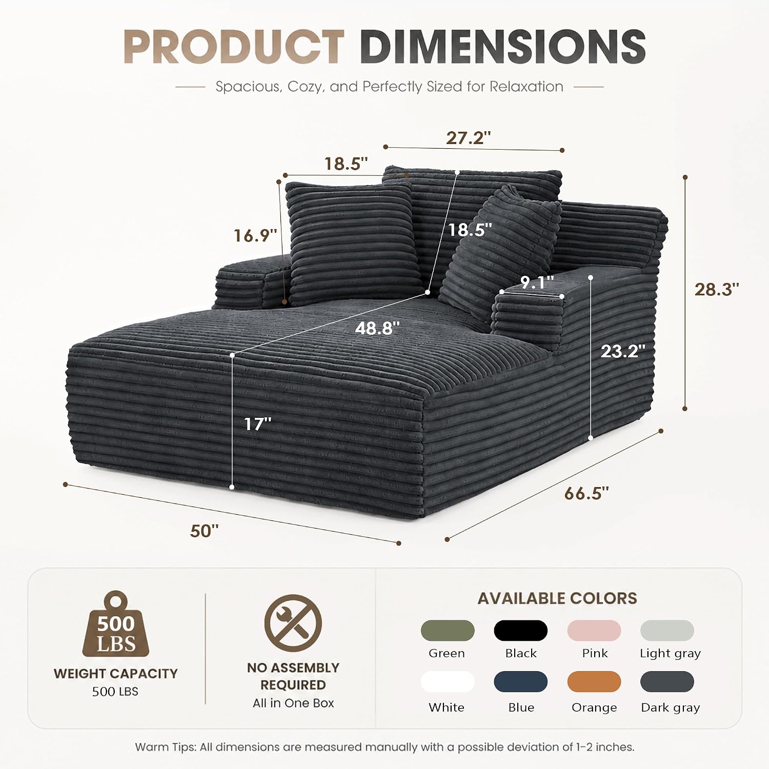 67" Chaise Lounge Chair Indoor, Corduroy Upholstered Reading Chair Oversized Boneless Chair with Deep Seat, Cloud Lounge Chair with 3 Pillows for Living Room, Bedroom, No Assembly Required