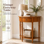 Half Moon Console Table - Solid Wood Vintage Half Round Foyer Table with Drawer and Shelf, Narrow Accent Table for Entryway, Hallway, Living Room and Small Spaces, (Brown, 23.6" W)