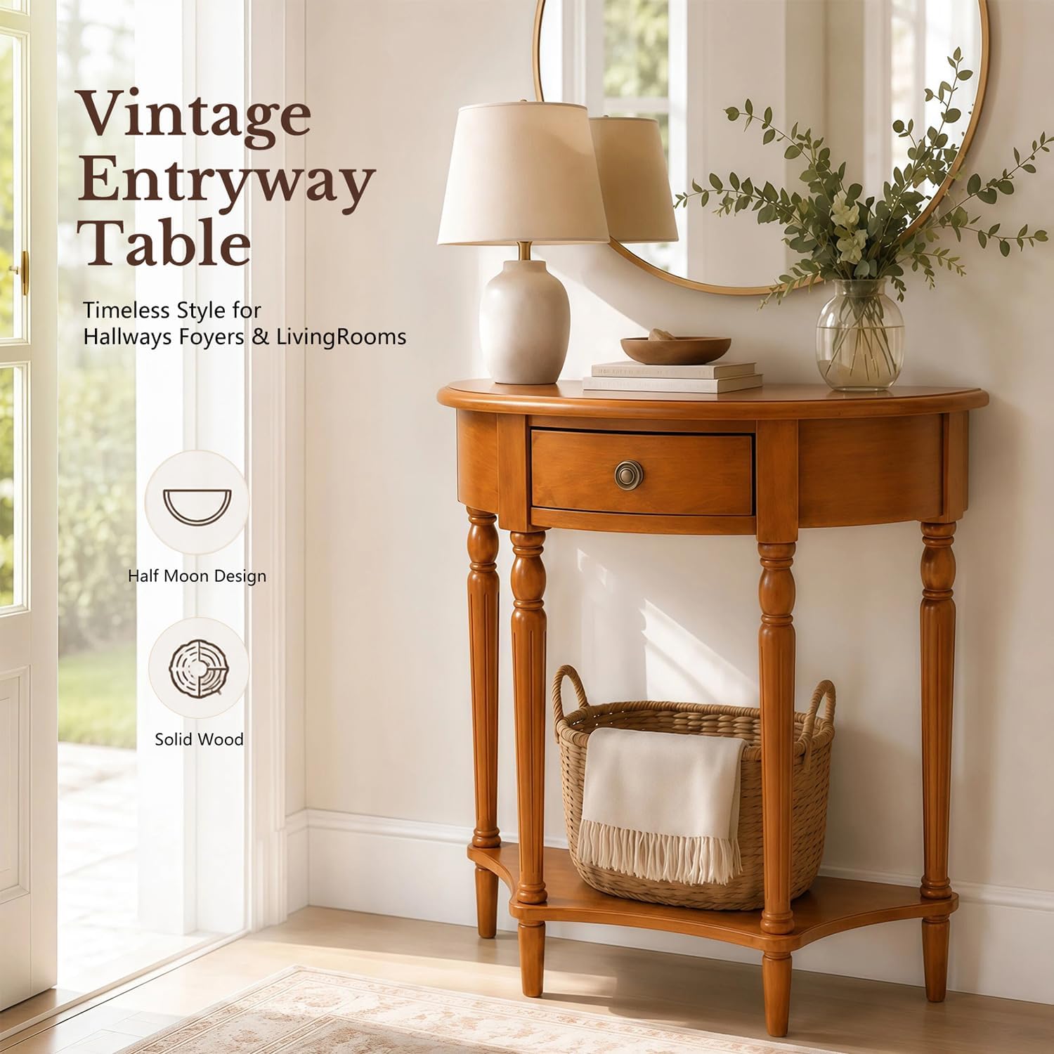 Half Moon Console Table - Solid Wood Vintage Half Round Foyer Table with Drawer and Shelf, Narrow Accent Table for Entryway, Hallway, Living Room and Small Spaces, (Brown, 23.6" W)