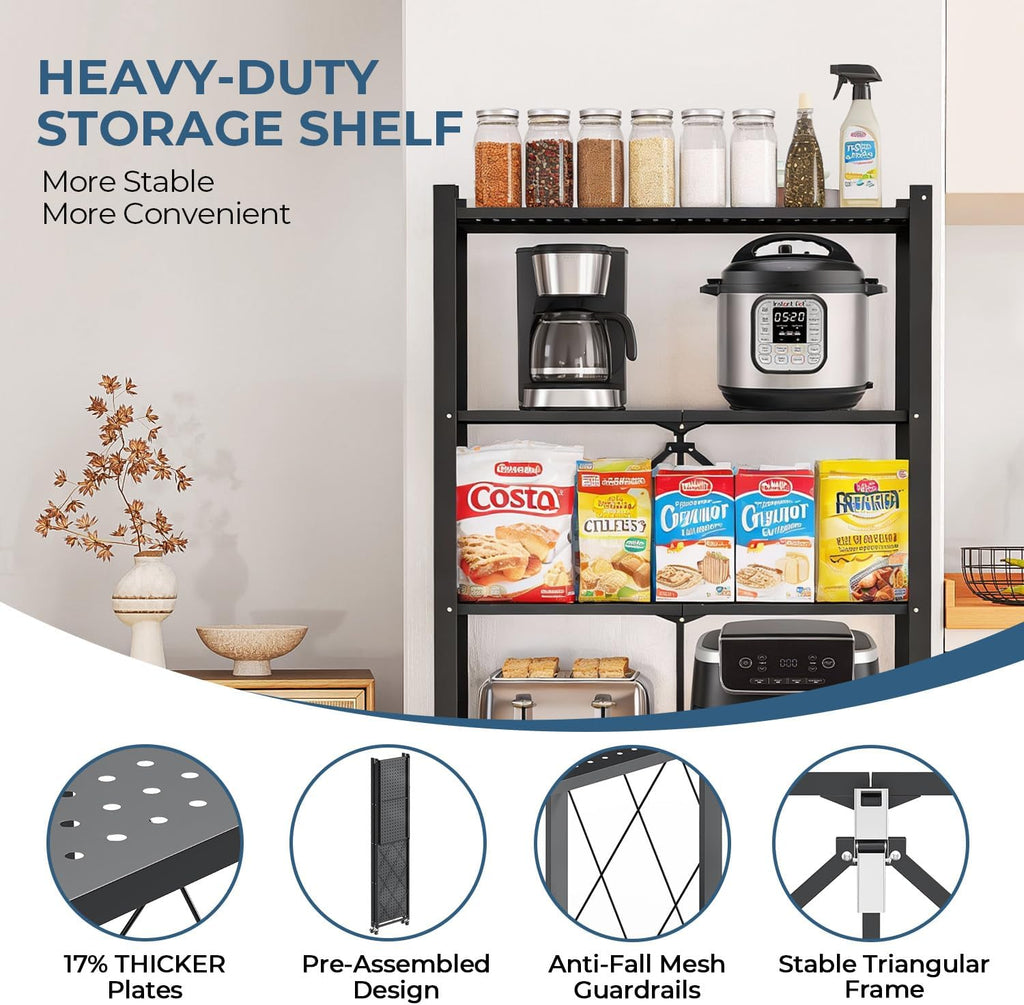 Upgraded 18% Thickened Portable 5-Tier Foldable Storage Shelves with Wheels Heavy Duty Storage Shelf Collapsible Shelves Unit Display for Garage Storage Kitchen Pantry & Closet Organizer, Matte Black