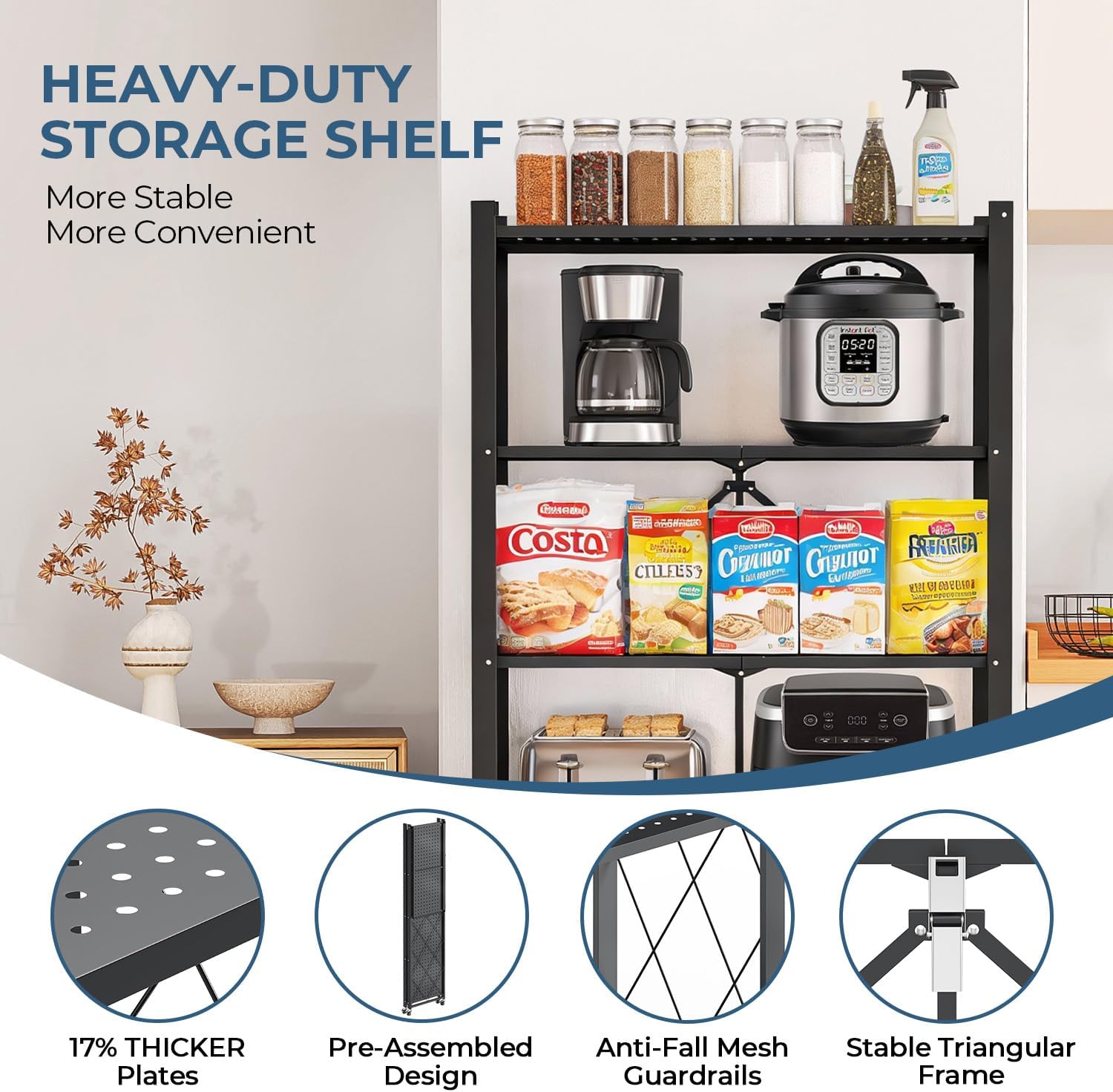 Upgraded 18% Thickened Portable 5-Tier Foldable Storage Shelves with Wheels Heavy Duty Storage Shelf Collapsible Shelves Unit Display for Garage Storage Kitchen Pantry & Closet Organizer, Matte Black
