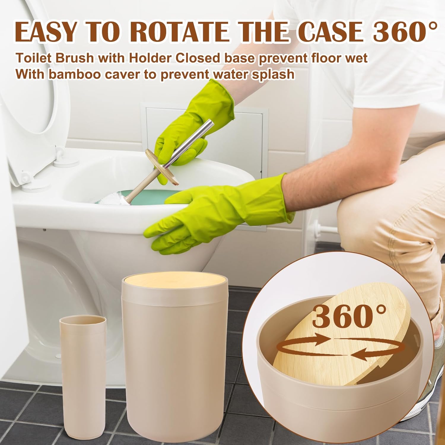 iMucci Bathroom Accessories Set - with Trash Can Toothbrush Holder Soap Dispenser Soap and Lotion Set Tumbler Cup(9Pcs Beige Wood Cover)