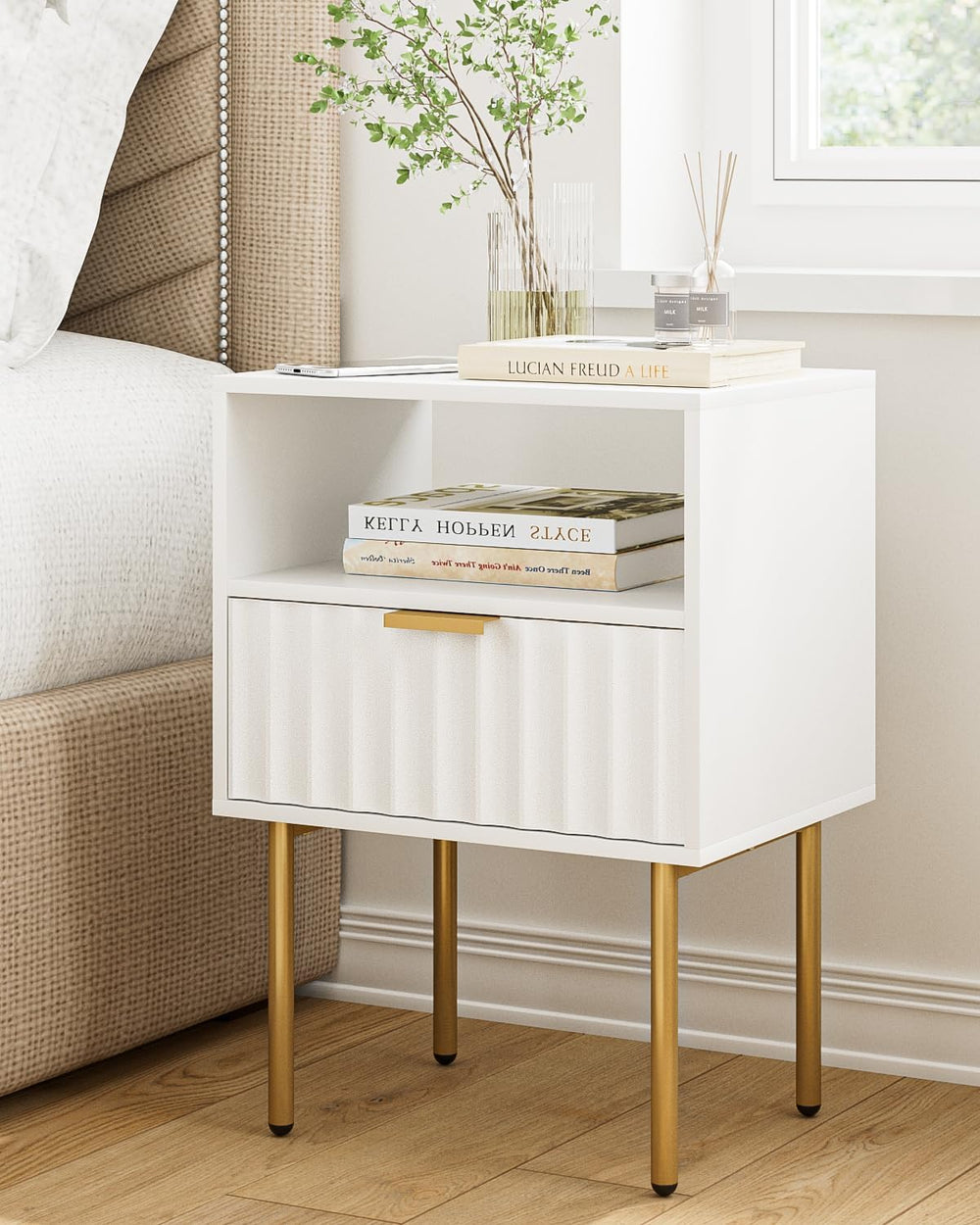 Night Stand,Modern Bedside Table with Drawer and Shelf,White Night Stand with...