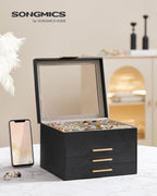 SONGMICS Jewelry Box Organizer with Glass Lid, 4-Layer Jewelry Storage, with 3 Drawers, Modern Style, Christmas Gift, 8 x 9.1 x 6.5 Inches, Graphite Black and Gold Color UJBC173B01