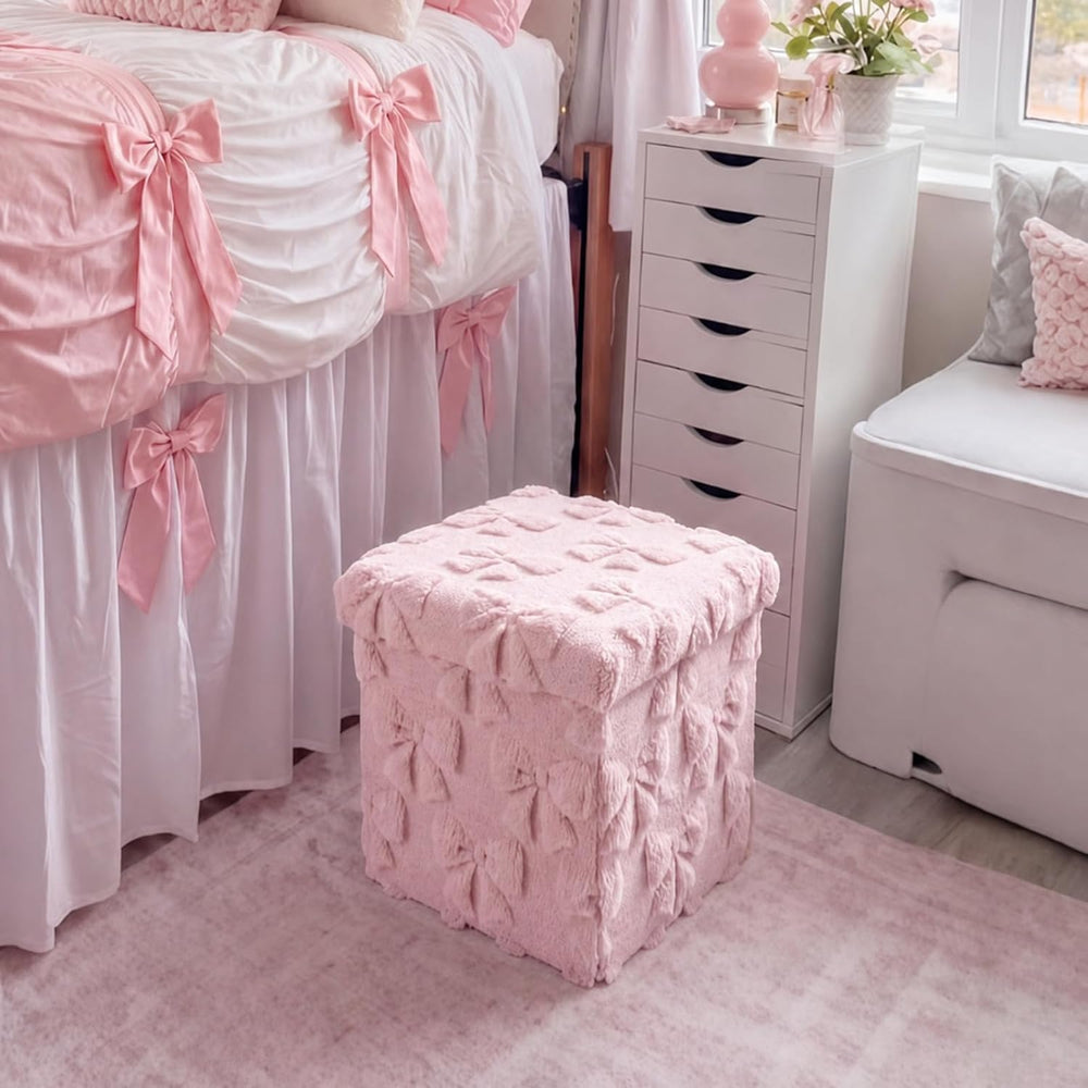 RattanView Storage Ottoman Dorm 12 Inch Pink Bow Cube Ottoman Dorm Back to Sc...