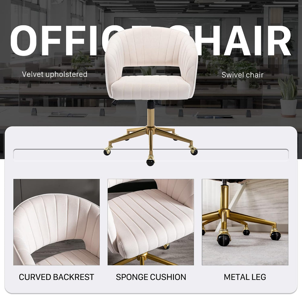 KCC Vanity Chair Velvet Desk Chair with Gold Base for Living Room,Cream