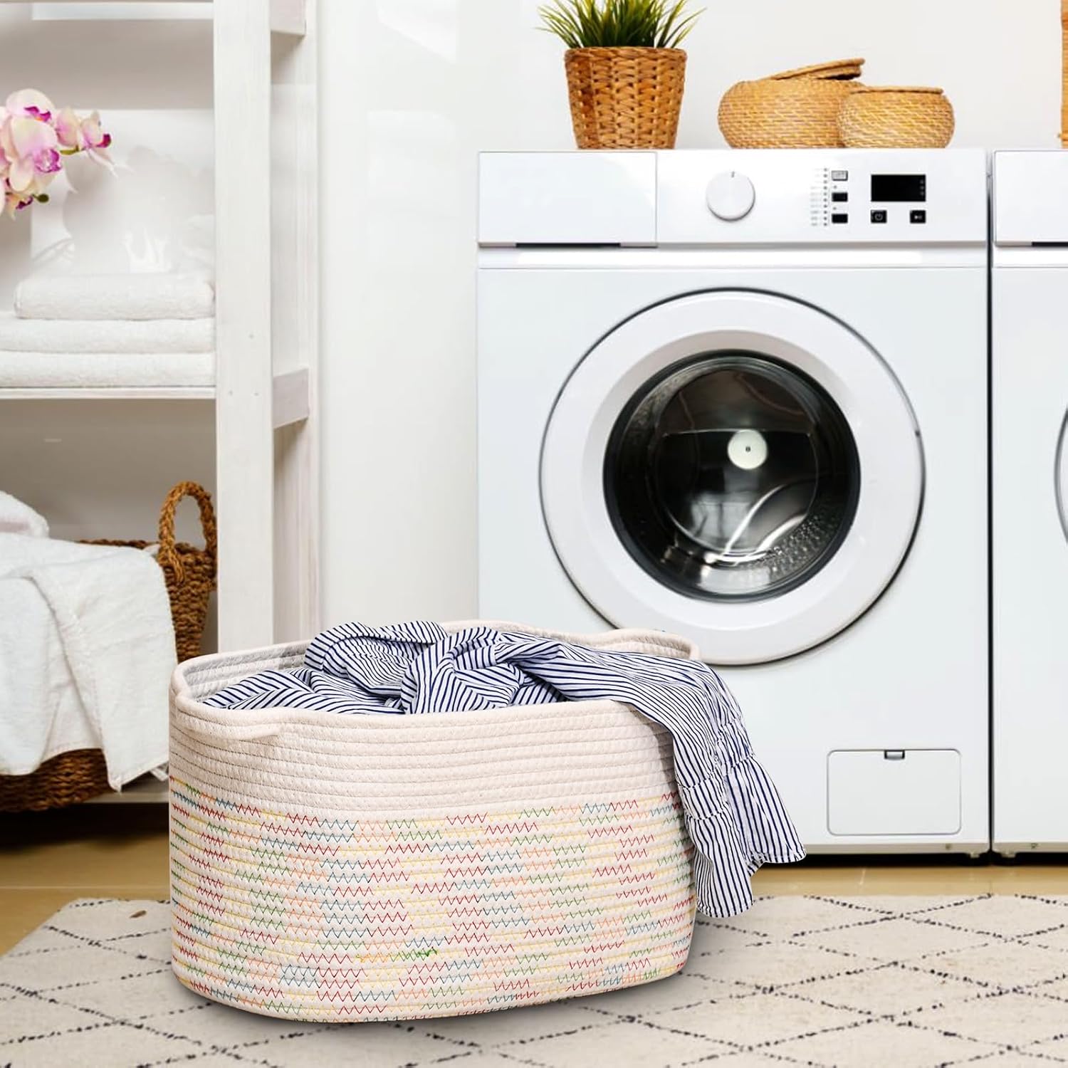 DUHEL Cotton Rope Woven Storage Basket, Used for Baby Hamper Toy Organizer, Gift Baskets Empty,Kids Laundry Basket,Baby Blanket Basket. Size 15x10x8.7 Inches. (White&Colored Stitching-3Pcs)