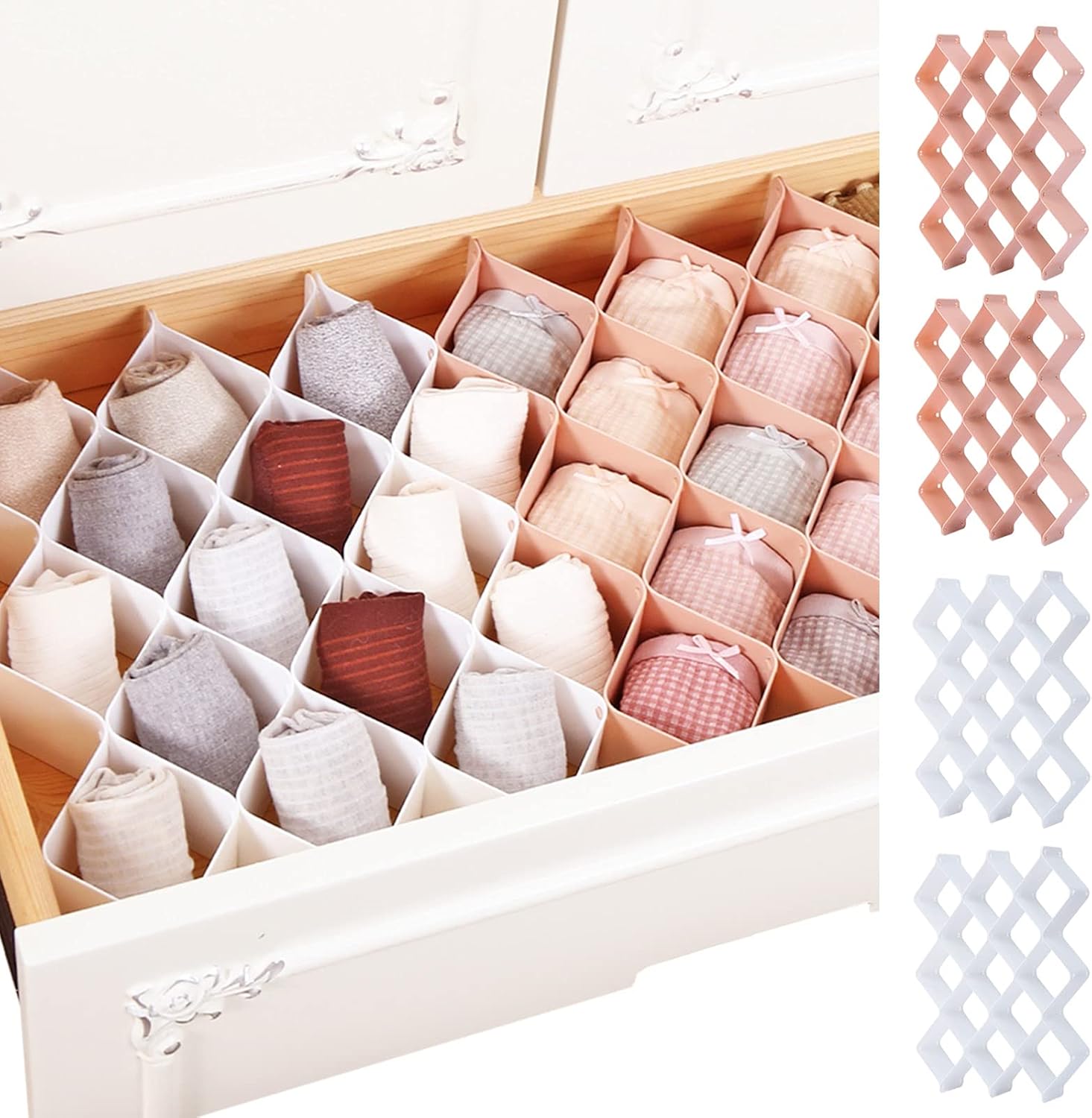 ROUFA Sock Drawer Organizer for Dresser, Honeycomb Underwear Dividers for Women, Panty Separator for Belts, Ties, Small Clothing(12pcs of Pink + 12pcs of White)