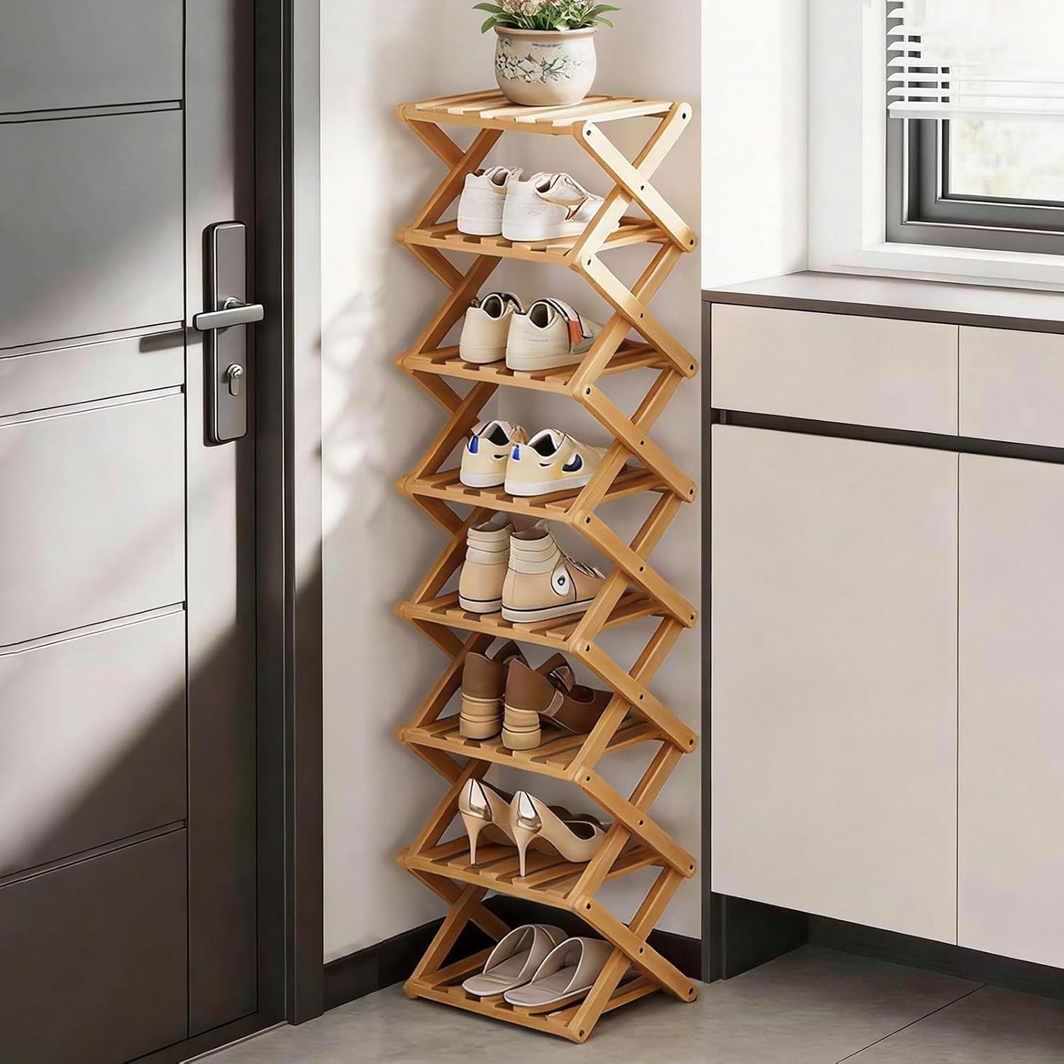 Vertical Narrow Shoe Rack, 8 Tier Portable Folding Shoe Storage Rack, Without Installation Free Standing Shoe Rack for Corridors, Bedrooms Living Room Corner and Small Spaces