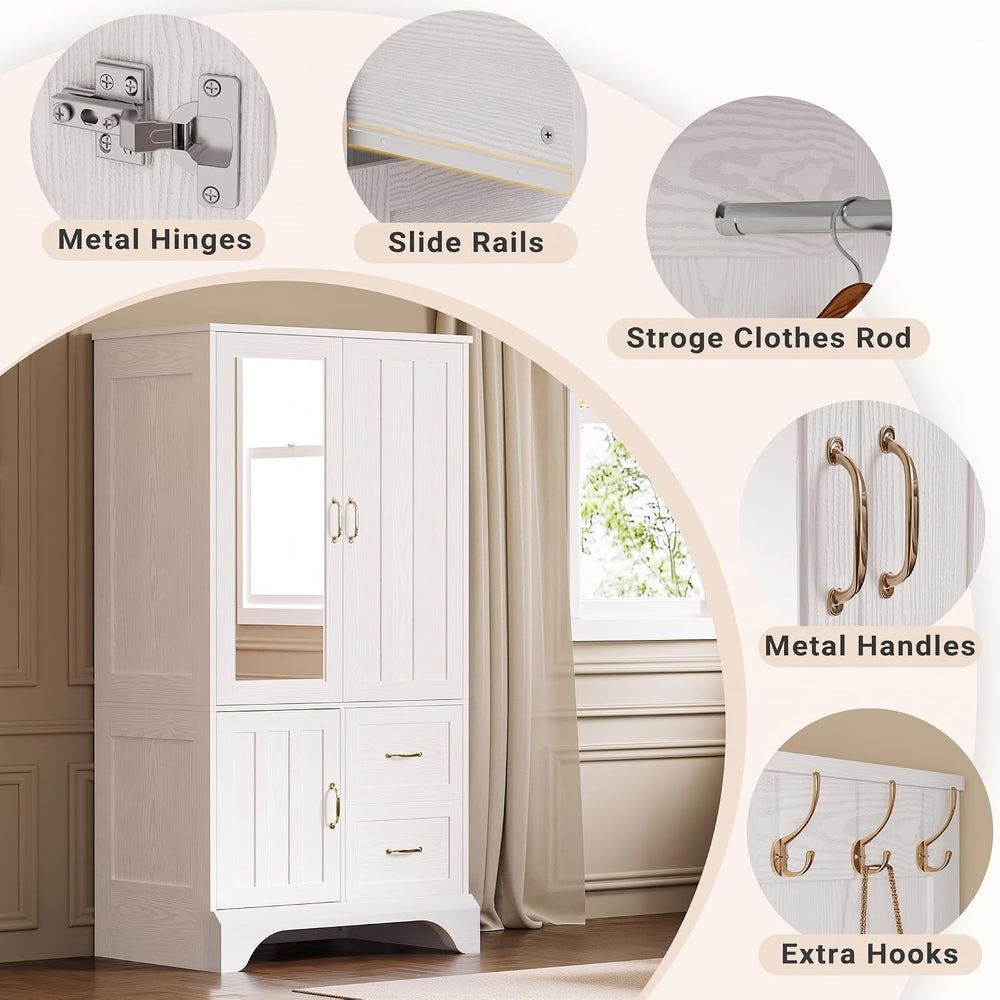 LIKIMIO Armoire Wardrobe with Mirror, 3-Door Hanging Rod & Drawers | 3-do...
