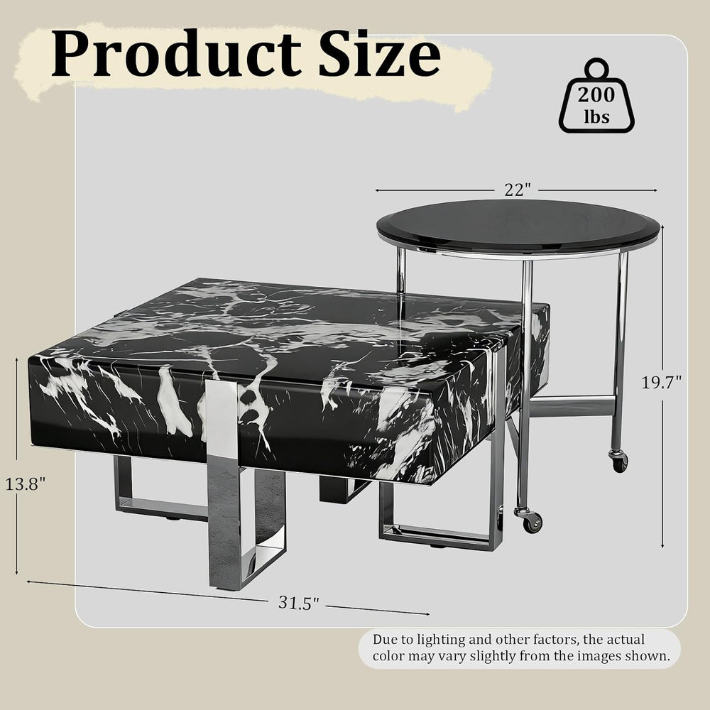 BQueen Modern 2-Piece Luxury Coffee Table Set, Square Black Faux Marble Coffe...