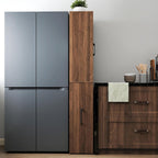 Ultra-Slim 70.87" H Display Storage Cabinet w/ 4-Tier Pull-Out Multi-Functional Shelves & 2 Glass Doors – Modern Wooden Kitchen Pantry Cabinet for Living/Dining/Kitchen – Space-Saving Design (Walnut)