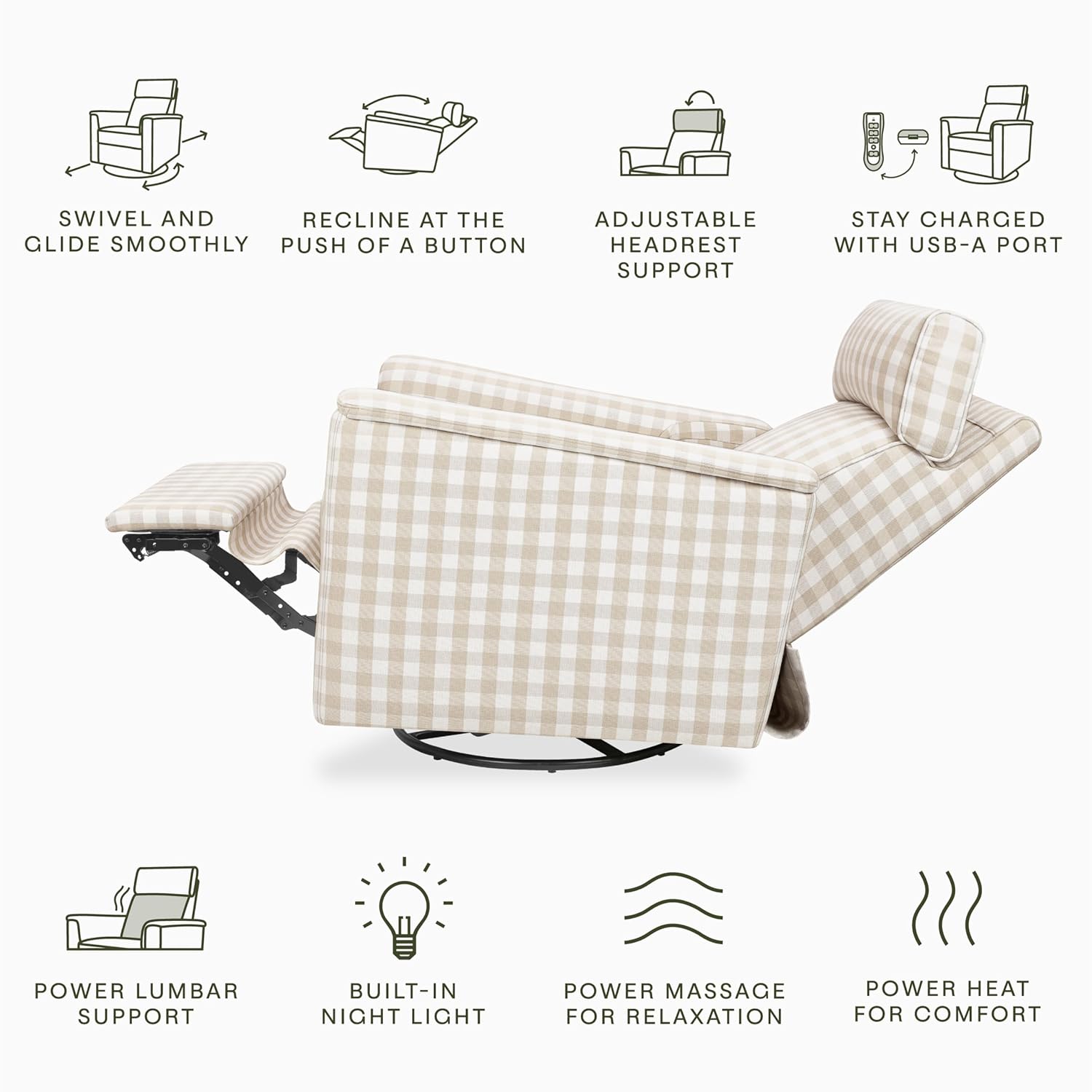 Namesake Willa Deluxe Power Recliner & Swivel Glider with Heat and Massage, Built-in USB Charging Port, Adjustable Headrest and Lumbar Support | Greenguard Gold and CertiPUR-US® Certified