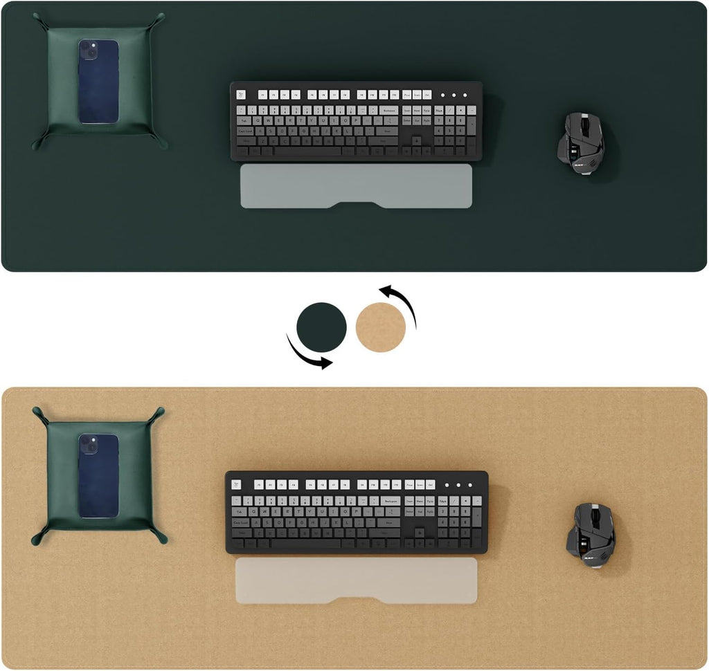 DAWNTREES Dark Green Desk Mat,Leather Desk Pad,40"x16",Cork Desk Mat Protector,with PU Leather Valet Tray Organizer,Large Mouse Pad,Desk Writing Pad for Office and Home