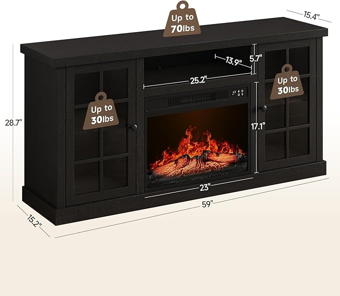 ONBRILL 59 Inch Fireplace TV Stand, Entertainment Center with 23 Inch Electric Fireplace, TV Table for TVs up to 65 Inches, Media Console Cabinet with Storage and Glass Doors for Living Room, Black