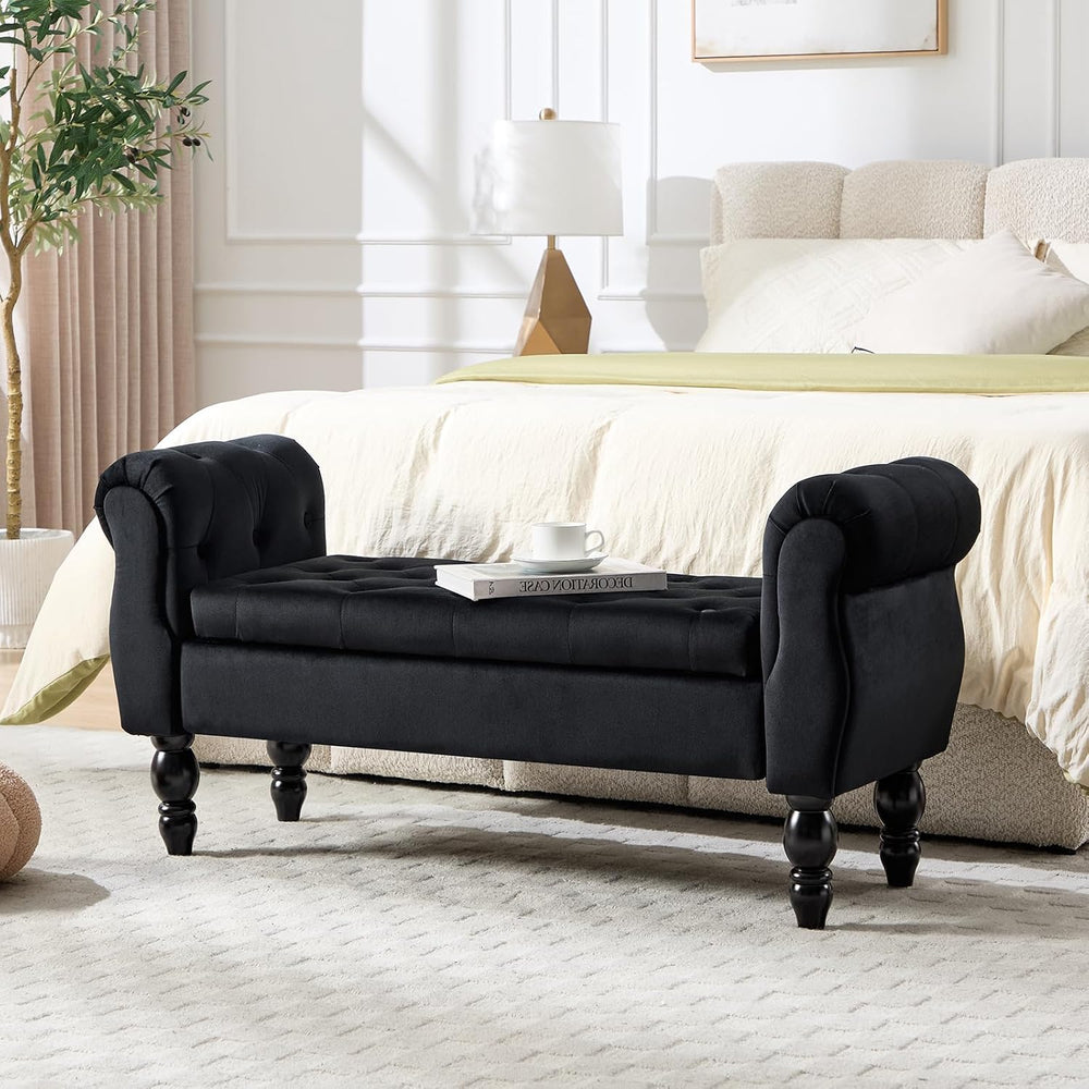 Velvet Upholstered Storage Bench with Arms and Wooden Legs, 47.6" Modern...