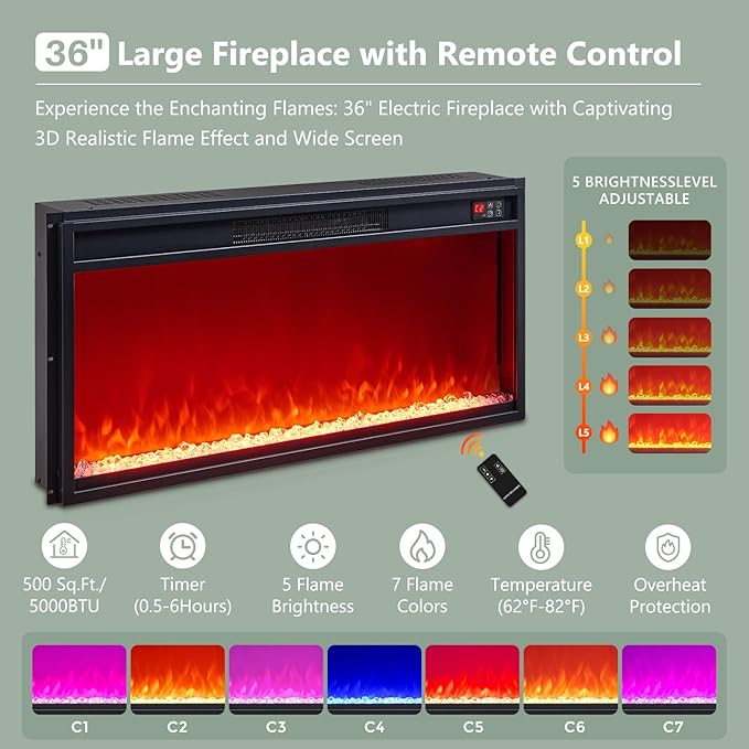 Modern Fireplace TV Stand with 36"LED Electric Fireplace for 80 inch TVs, 32"Tall Entertainment Center w/Drawers &Adjustable Shelves, Wood Media Console w/Curved Profile Design for Living Room,Natural