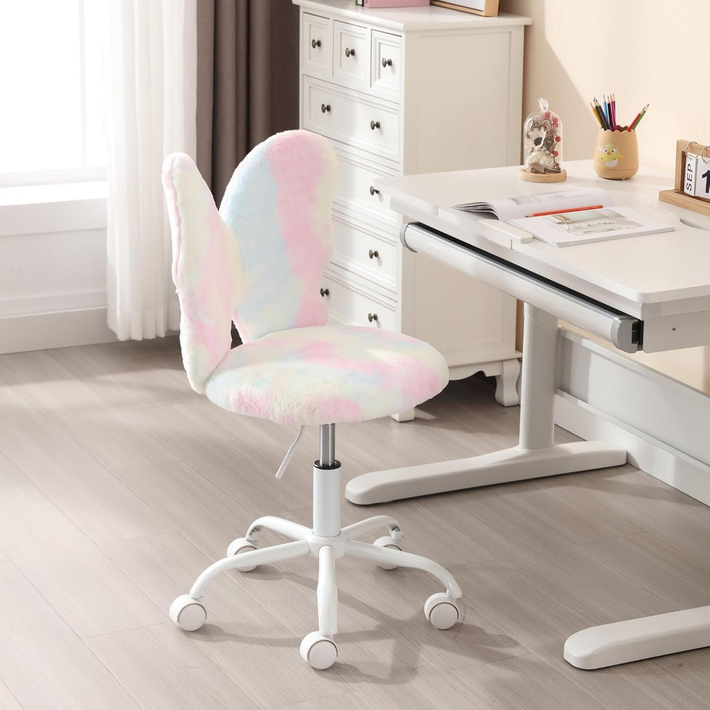 Kmax Kids Desk Chair, Faux Fur Butterfly Chair with Wheels Adjustable Cute Swivel Kids Office Chair for Bedroom Reading Room - Colorful