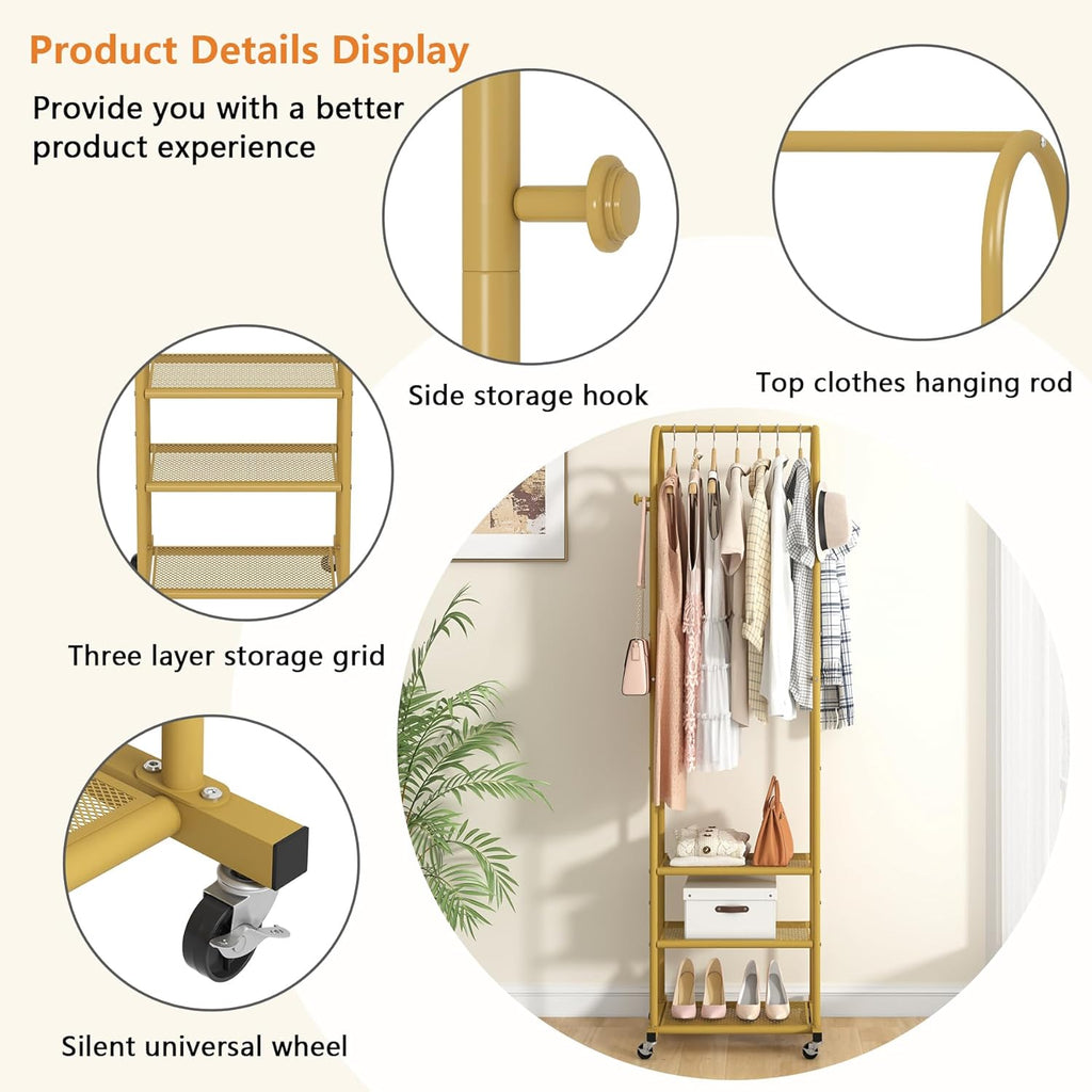 Heavy Duty Clothing Rack with Wheels,Modern Garment Rack with 3 Metal Shelves, 71.8Inches Display Rack for Hanging Clothes, Hanging Rod for Small Space,Gold