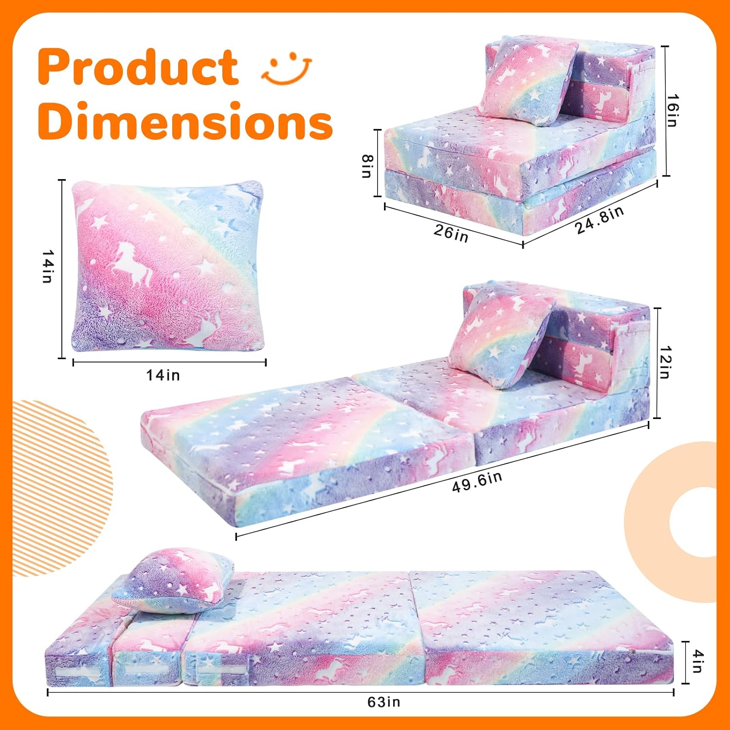 MeMoreCool Glow Rainbow Unicorn Tri-fold Sofa Bed for Kids, Foldable Futon Mattress, Chair, and Floor Couch for Playroom