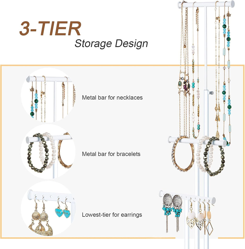 Love-KANKEI Jewelry Tree Stand White Metal and Wood Base Large Storage Jewelry Organizer for Necklaces Bracelets Earrings Holder Organizer Jewelry Display Gift White and White