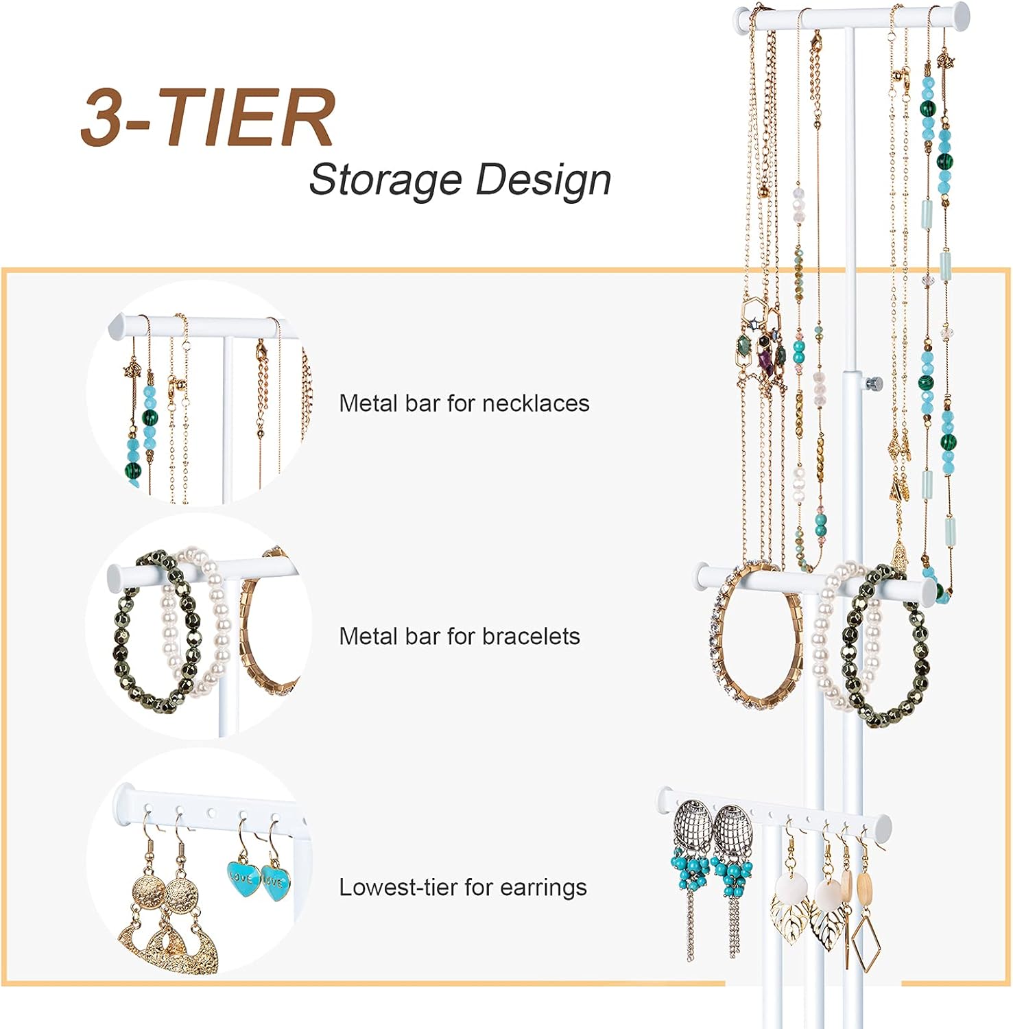 Love-KANKEI Jewelry Tree Stand White Metal and Wood Base Large Storage Jewelry Organizer for Necklaces Bracelets Earrings Holder Organizer Jewelry Display Gift White and White