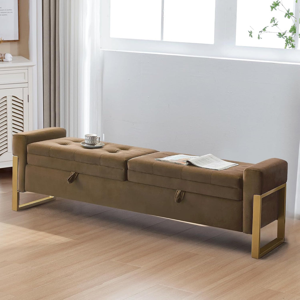 67" Storage Bench for Bedroom, End of Bed Bench King Size, Brown | Double Lids Storage Ottoman Bench with Golden Legs, Upholstered Velvet Bench for Foot of Bed Window Living Room Entryway