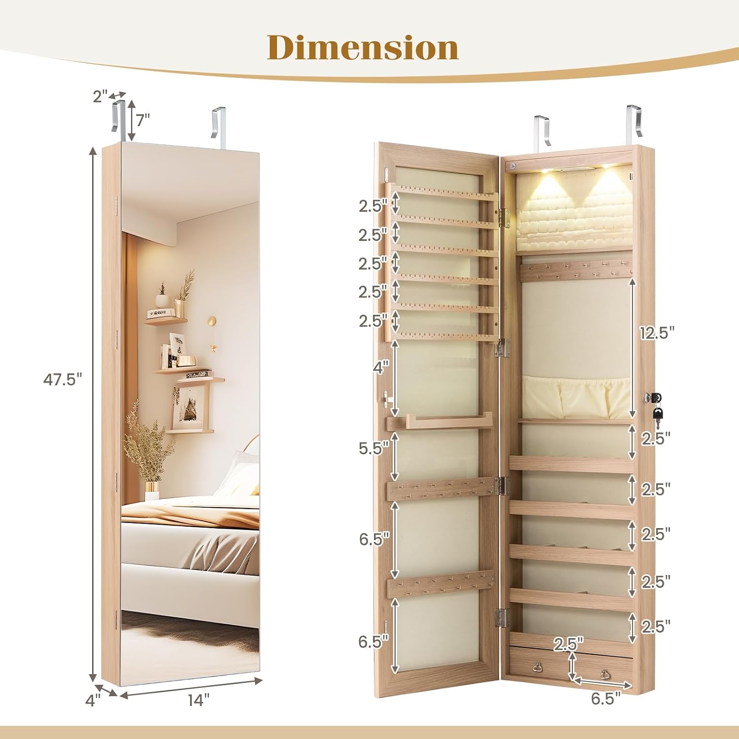 NAFORT 2 LEDs Full Length Mirror with Jewelry Armoire, Jewelry Organizers and Storage with 2 Mounting Options, 47.5”H Jewelry Cabinet with 2 Drawers, Make up & Lockable Jewelry Box, Natural Wood