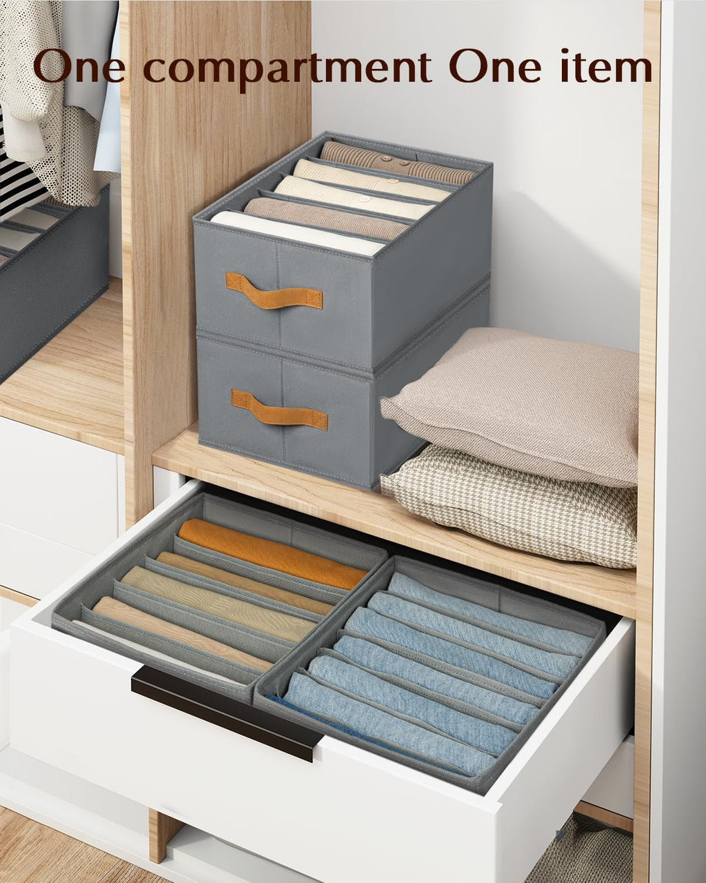 Clothes Organizers and Storage - 4/5/7 Grids Fabric Jeans Organizer with Handles, Foldable Closet Organizers Dividers, Wardrobe organizer for Pant, Sweater, T-shirt, Scarf, 3 Pack, Pale Grey
