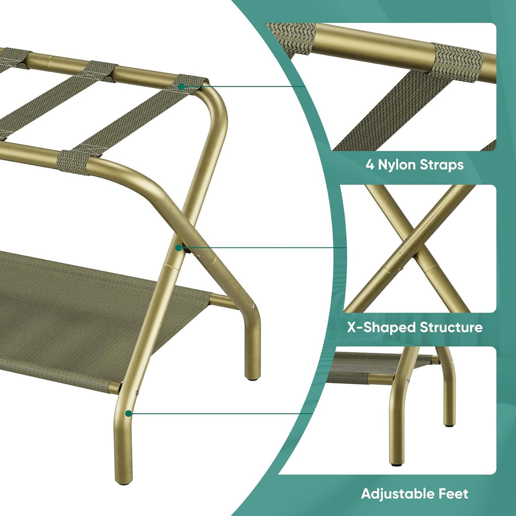 Smuxee Gold Luggage Rack, Foldable Suitcase Stand with Fabric Storage Shelf, Luggage Holder with 4 Nylon Straps for Guest Room Bedroom Hotel