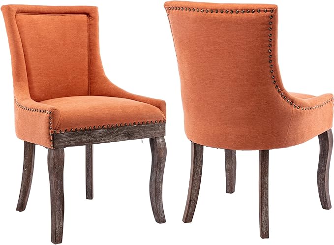 Dining Chairs Set of 2, Kitchen & Dining Room Chairs, Fabric Upholstered Dinning Chairs, Sillas De Comedor, Nailhead Trim, Wood Legs (Orange, 2 Pcs)