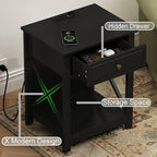 Treocho Black End Table Set of 2,Nightstand with Charging Station, X-Design Side Table with 2 AC and USB Power Outlets, Small Night Stand with Storage Drawer and Open Shelf for Living Room
