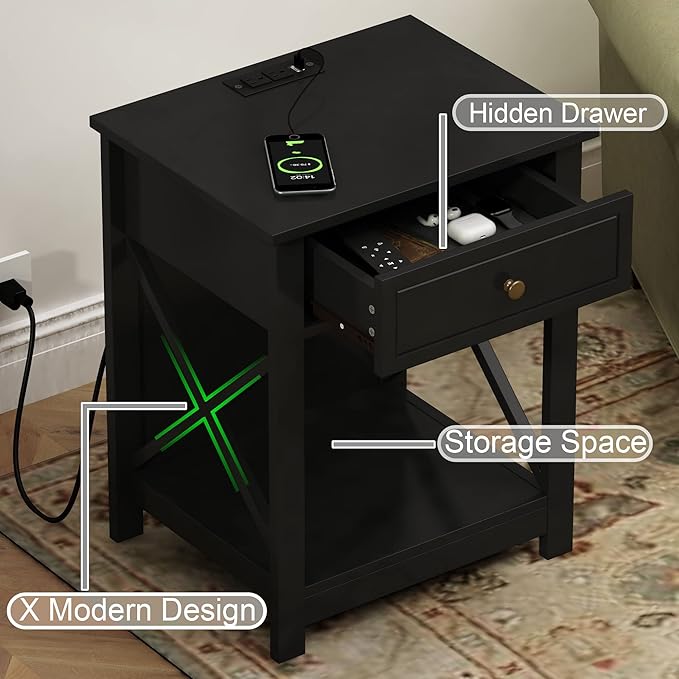 Treocho Black End Table Set of 2,Nightstand with Charging Station, X-Design Side Table with 2 AC and USB Power Outlets, Small Night Stand with Storage Drawer and Open Shelf for Living Room