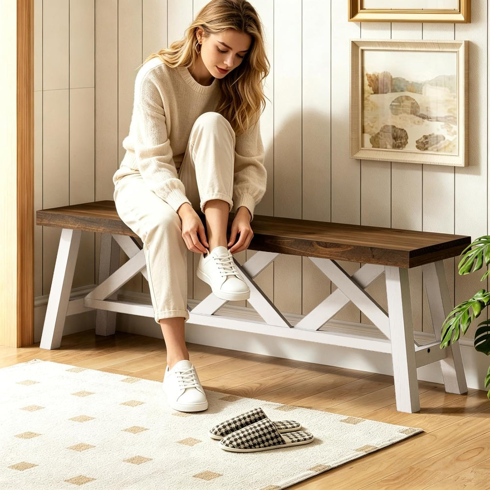 Wnutrees 54" Farmhouse Wood Bench, Rustic Solid Wood Entryway Bench Seat...