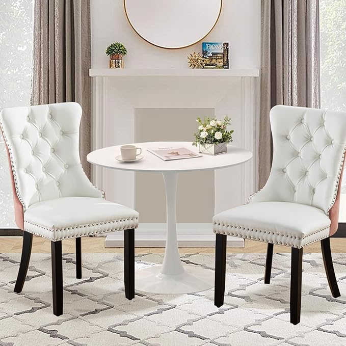 3-Pieces 31.5" Round Dining Table Set for 2, White Dining Table & PU & Velvet Upholstered Dining Chairs Set of 2 for Kitchen Dining Room Apartment Small Space(Pink & White Chairs)