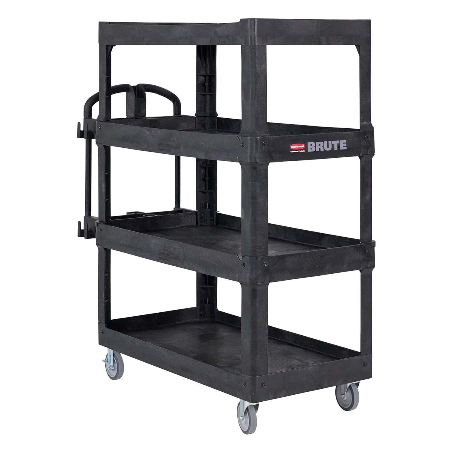 New Rubbermaid Commercial Products 4-Shelf Utility/Service Quad Cart, Heavy Duty Large, Lipped Shelf, Ergonomic Handle, 700 lbs. Capacity, for Warehouse/Garage/Cleaning/Manufacturing (2128657) Black