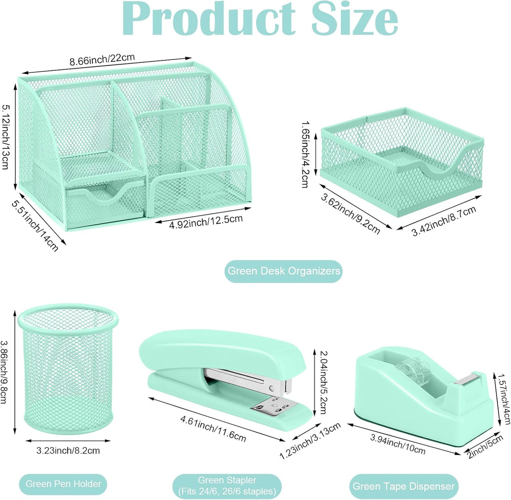 Green Desk Organizers and Accessories, Teal Office Supplies Set Green Mesh Desk Organizer, Stapler, Tape Dispenser, 1000 Staples, Staple Remover, Pen Holder, Clips Set, Ruler, Scissors