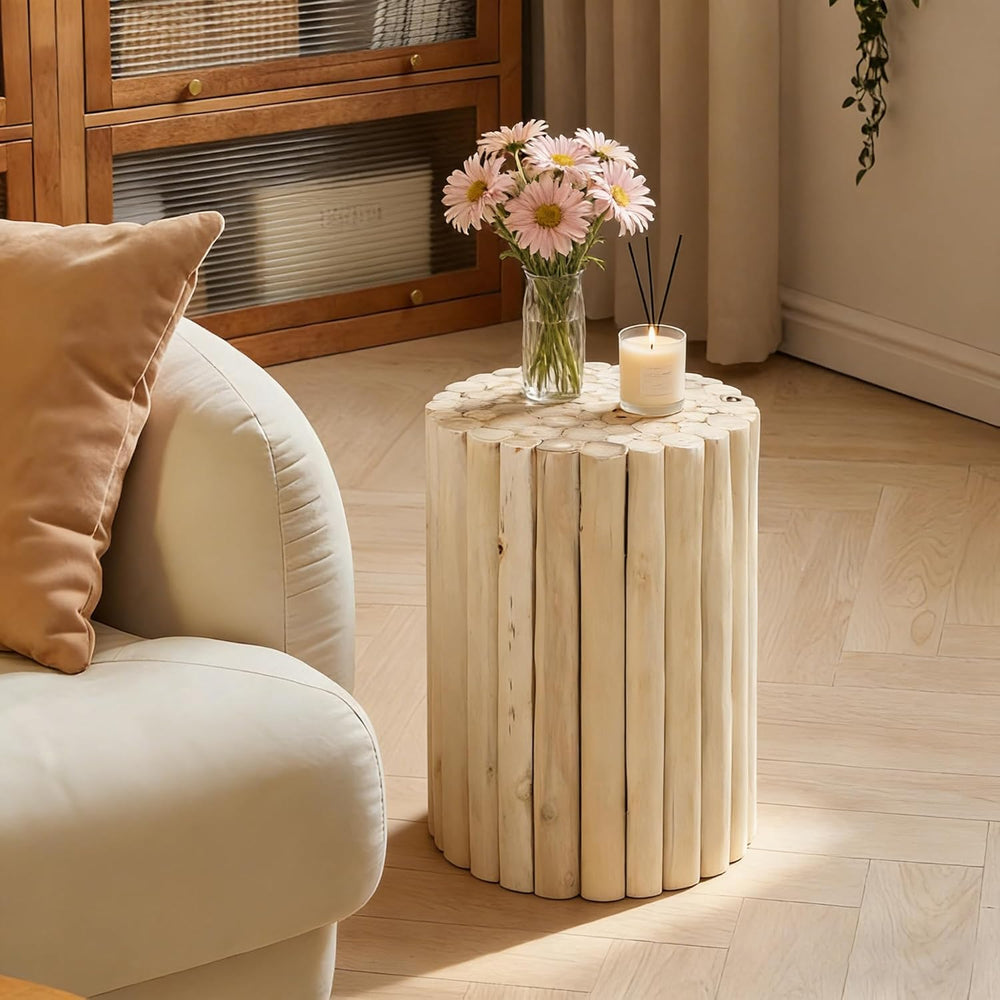 DUHOME Boho Round Side Table - Hand-Assembled Solid Wood Sticks, Organic Text...