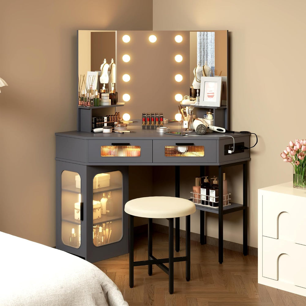 Lareth 45.5" Large Corner Vanity Desk with 3 Way Mirror and Lights | Mod...