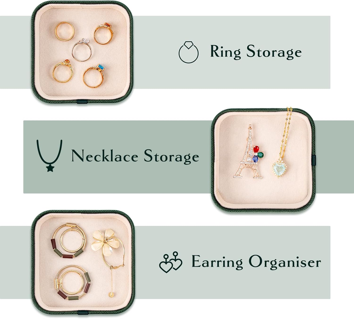SANQIANWAN Set of 3 Small Stackable Jewelry Organizer Trays Mini Jewelry Drawer Oragnizer Small Jewelry Display Tray for Necklace Bracelet Rings Earrings and Makeup (DarkGreen)