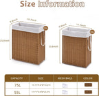 Slim Wicker Laundry Hamper, 75L Handwoven Rattan Basket with Handles, Narrow Laundry Basket with Removable Liner Bag & 2 Mesh Bags