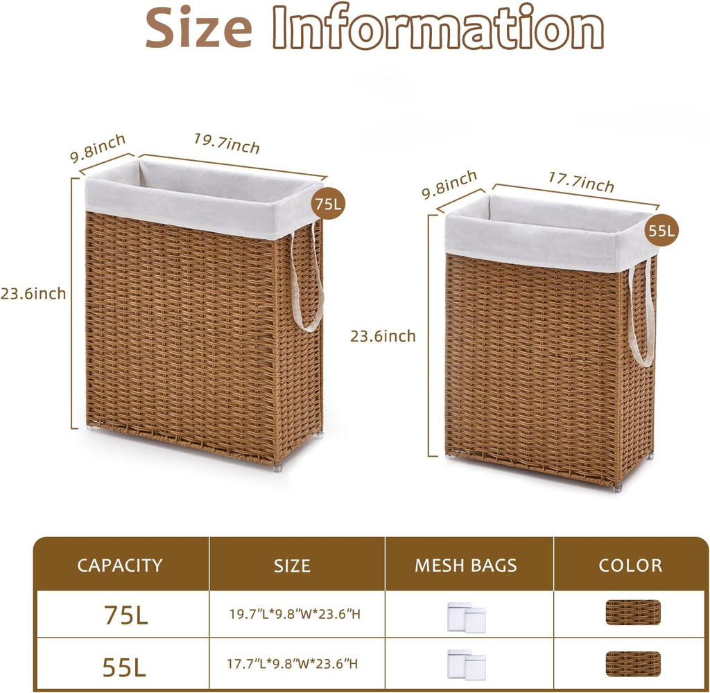Slim Wicker Laundry Hamper, 55L Handwoven Rattan Basket with Handles, Narrow Laundry Basket with Removable Liner Bag & 2 Mesh Bags