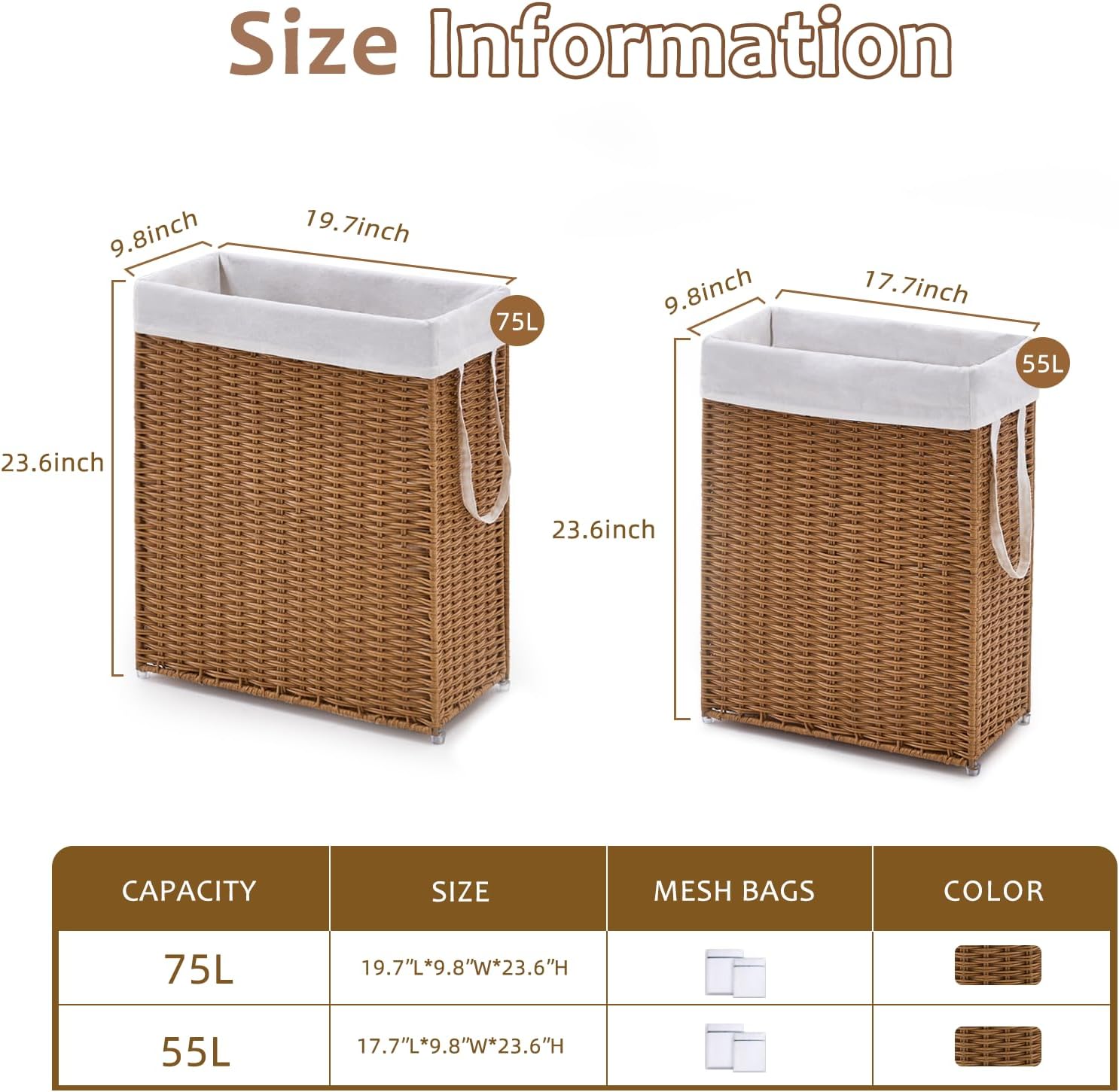 Slim Wicker Laundry Hamper, 55L Handwoven Rattan Basket with Handles, Narrow Laundry Basket with Removable Liner Bag & 2 Mesh Bags