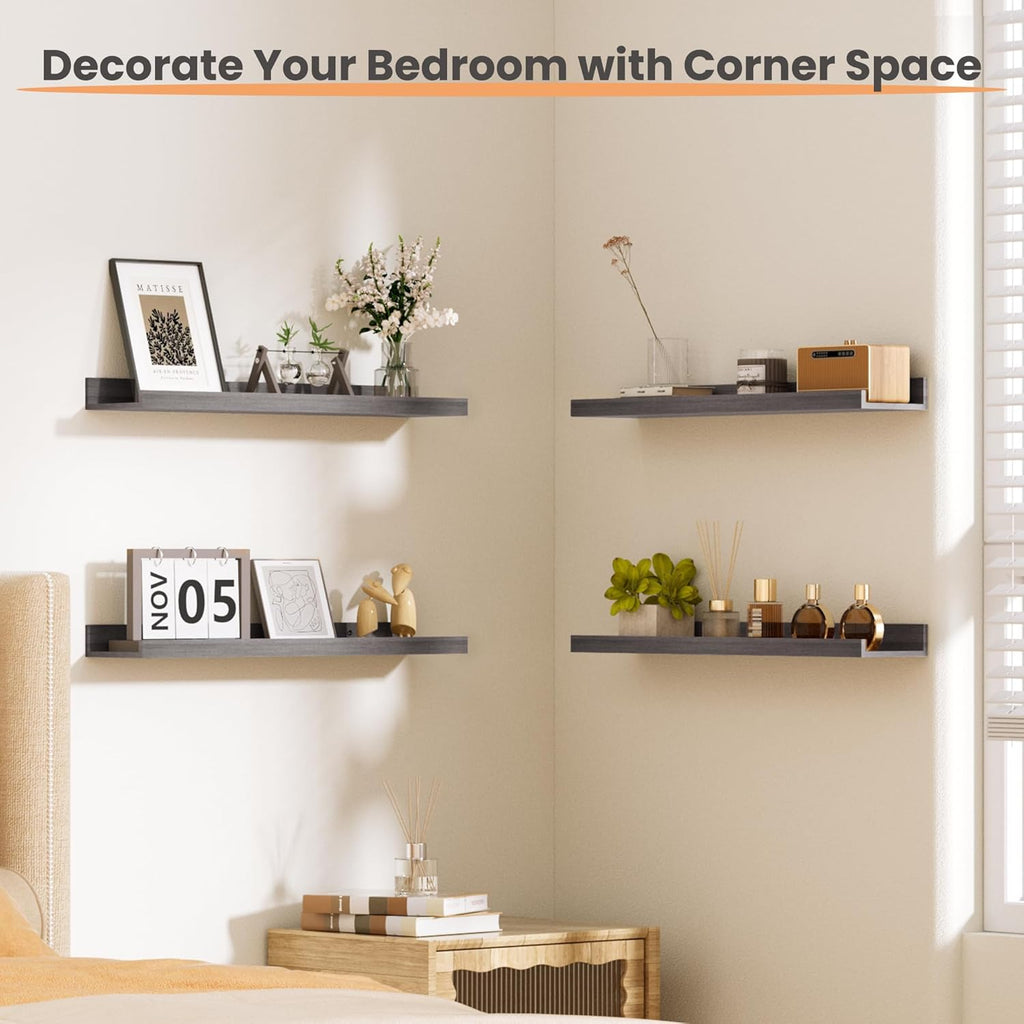 upsimples Floating Shelves for Wall, 23.6 Inch Shelves for Decor Storage Set of 6, Wall Mounted Wood Shelf for Bedroom, Living Room, Bathroom, Kitchen, Long Picture Ledge Shelves, Grey
