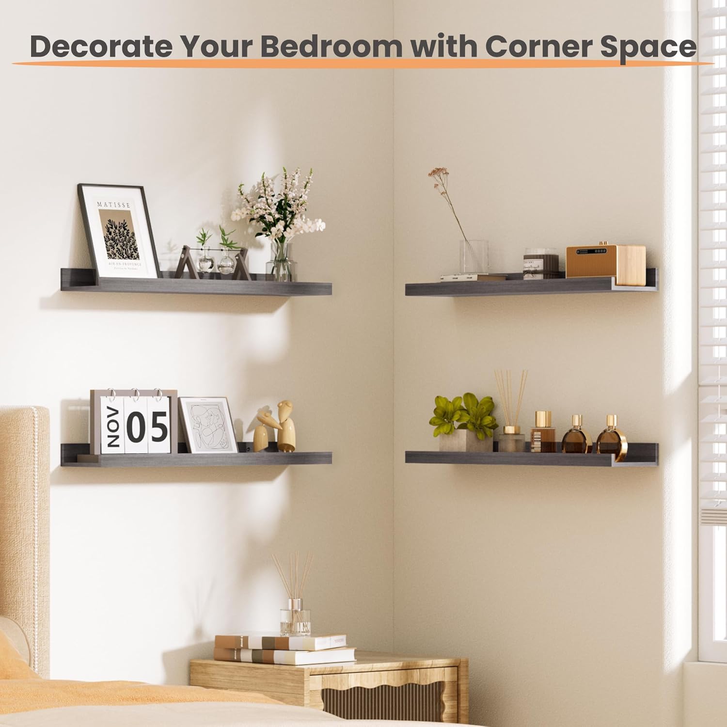 upsimples Floating Shelves for Wall, 23.6 Inch Shelves for Decor Storage Set of 6, Wall Mounted Wood Shelf for Bedroom, Living Room, Bathroom, Kitchen, Long Picture Ledge Shelves, Grey