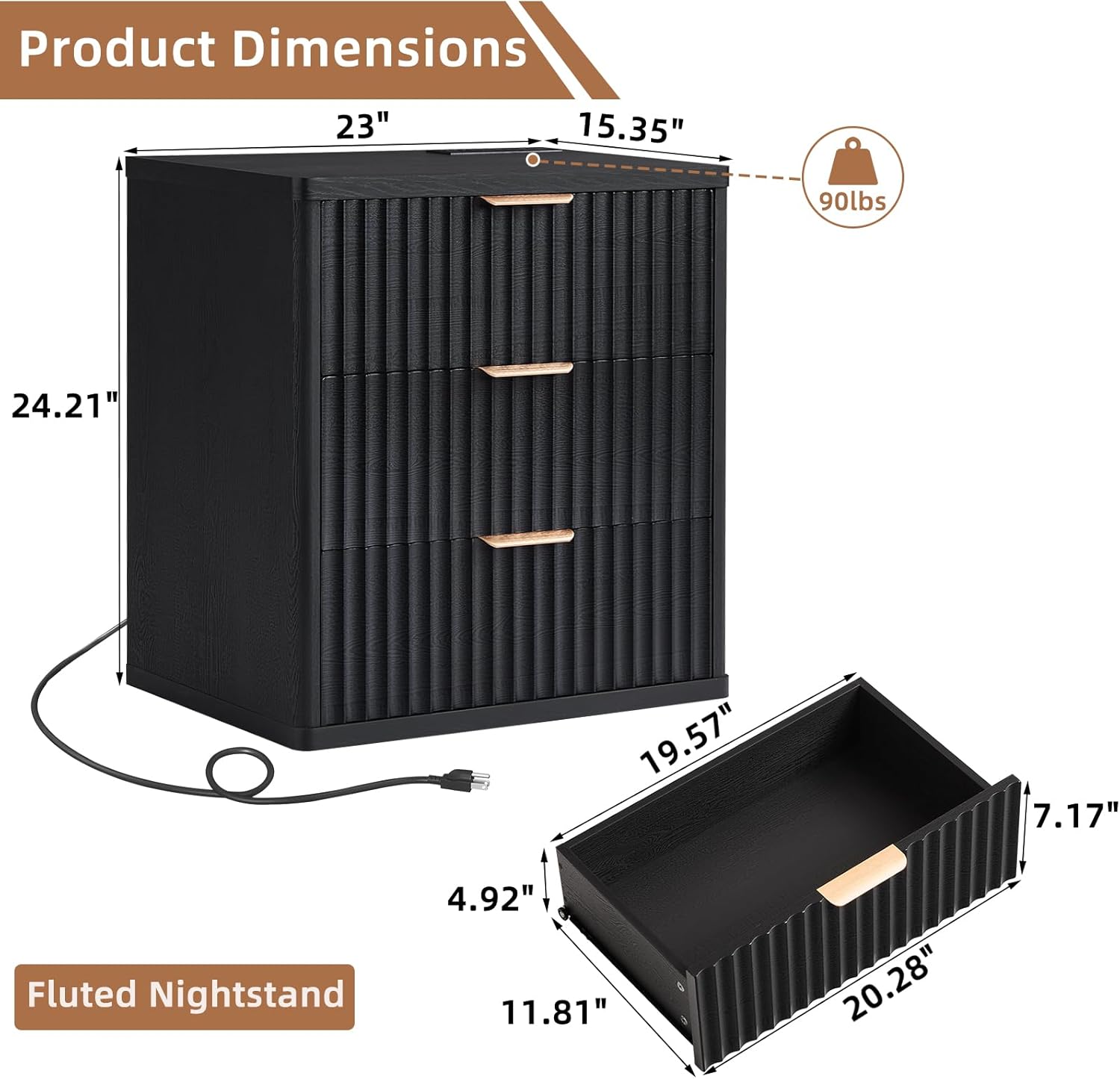 LEYAOYAO 23" Wide Fluted Farmhouse Night Stand Set of 2 with Charging Station, 3 Drawers Large End Table w/Metal Handle,Black Nightstand Bedside Table,Wood Dresser for Bedroom, Closet